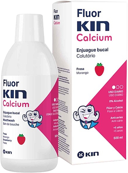 Ополіскувач для ротової порожнини для дітей, з кальцієм - Kin Fluor Calcium Mouthwash Strawberry Flavor — фото N1
