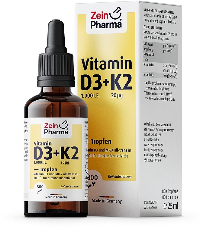 Вітамін D3 + K2 - ZeinPharma Vitamin D3 (1000 I.U.) + K2 (20 µg) Drops — фото N1