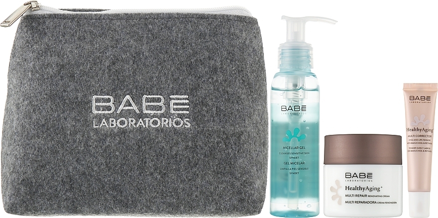 Антивіковий набір догляду за шкірою з косметичкою у подарунок - Babe Laboratorios (mic gel/90ml + eye cor/15ml + f/cr/50ml + bag/1pc) — фото N2