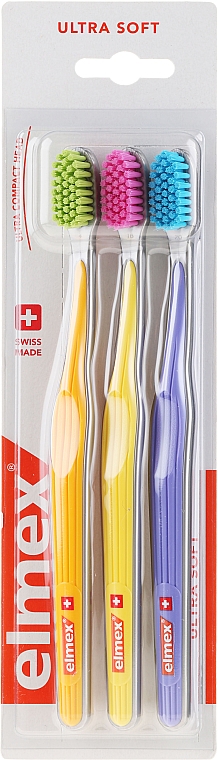 Зубные щетки, ультрамягкие, голубая + желтая + желтая - Elmex Swiss Made — фото N1