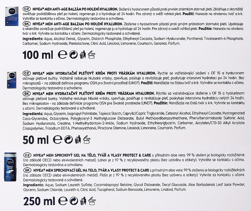 Набор - NIVEA MEN Hyaluronic Anti-Age Essentials Kit (sh/gel/250ml + ash/balm/100ml + cr/50ml + pouch) — фото N4