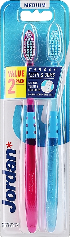Зубная щетка средней жесткости, розовая + голубая с цветами - Jordan Target Teeth Toothbrush — фото N1