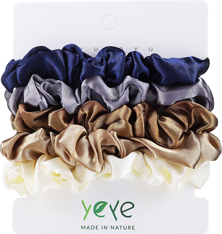 Набор атласных резинок для волос, 5шт, синяя + голубая + коричневая + бежевая + молочная - Yeye — фото N1