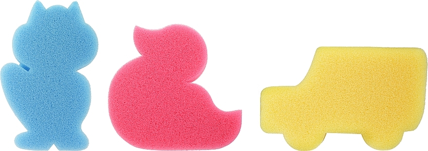 Набор детских губок для ванны, 3 шт., синяя лисичка + розовая уточка + желтая машинка - Ewimark — фото N1
