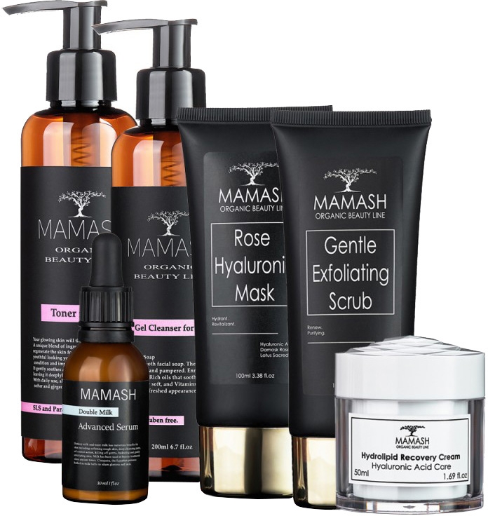 Комплексный набор для сухой кожи - Mamash Organic Premium (gel/200ml + tonic/200ml + scrub/100ml + cr/50ml + mask/100ml + elixir/30ml)