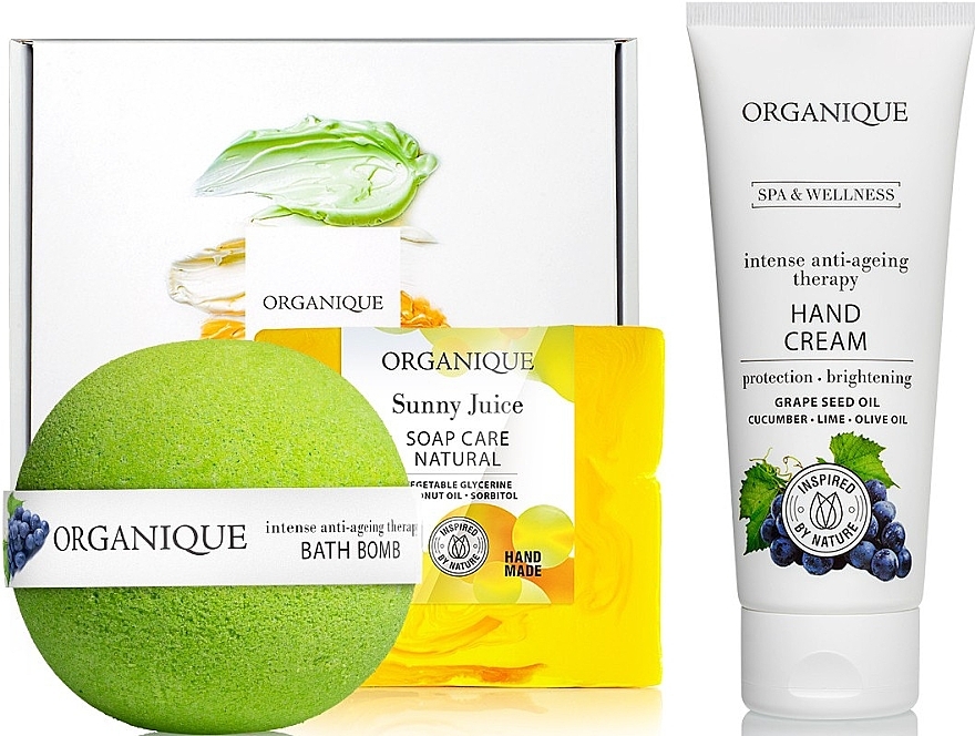 Набір - Organique Spa & Wellness Juicy (soap/100g + h/cr/70ml + b/bomb/170g) — фото N1