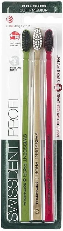 Набір середньо-м'яких зубних щіток, салатова + золотиста + фуксія - Swissdent Profi Colours Soft Medium Trio — фото N1