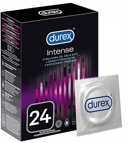 Презервативы латексные с силиконовой смазкой, рельефные со стимулирующим гелем-смазкой, 24 шт. - Durex Intense Orgasmic — фото N1