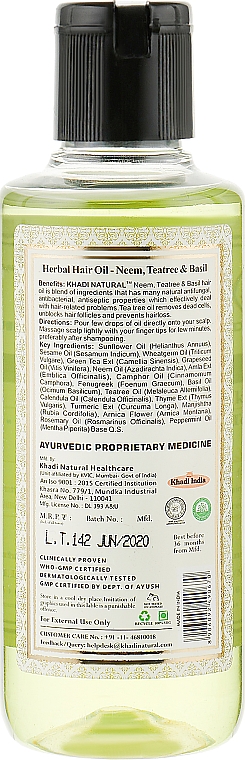 Натуральное масло против перхоти, ломкости и выпадения волос "Ним, Чайное дерево и Базилик" - Khadi Organique Henna Rosemary Hair Oil — фото N2