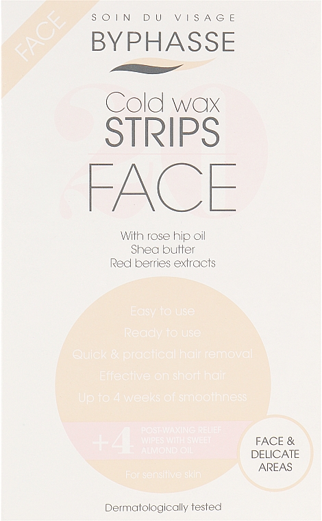 Набор для депиляции лица и чувствительной кожи - Byphasse Cold Wax Strips Face & Delicate Areas For Sensitive Skin (20/strips + 4/wipes)