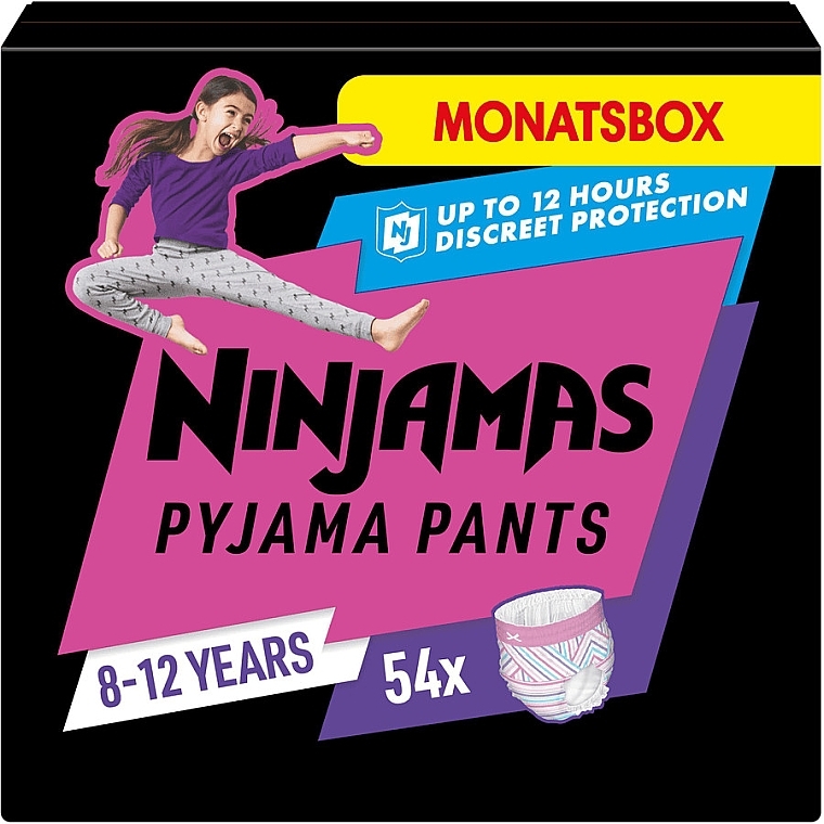 Підгузки-трусики Ninjamas Pyjama Girl Pants, 8-12 років (27-43 кг), 54 шт. - Pampers — фото N1