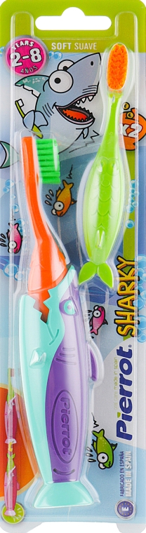 Детская зубная щетка "Акула №2", оранжевая+салатовая, бирюзово-фиолетовая - Pierrot Kids Sharky Soft — фото N1