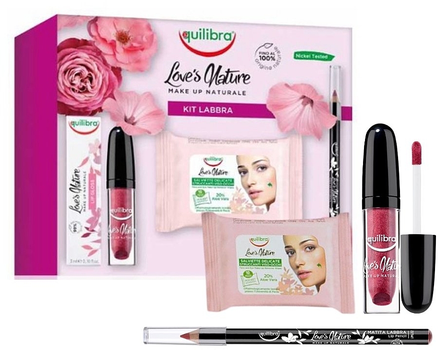 Набор - Equilibra Love's Nature Make Up (lip/pencil/1.8g + lip/gloss/3ml + wipes/15pc) — фото N2