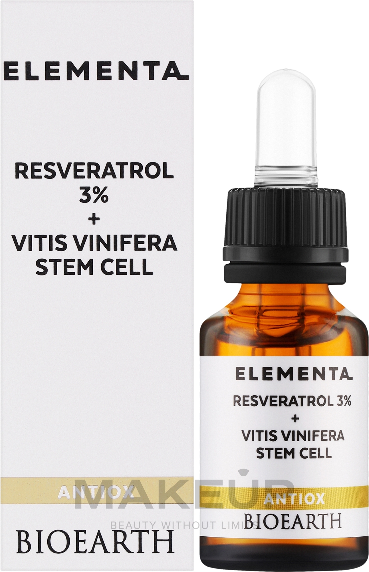 Антиоксидантна сироватка для обличчя - Bioearth Elementa Antiox Resveratrol 3% + Vitis Vinifera Stem Cell — фото 15ml