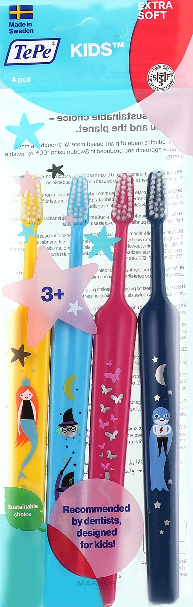 Зубные щетки для детей, желтая + голубая + розовая + синяя - TePe Kids Extra Soft — фото 4шт