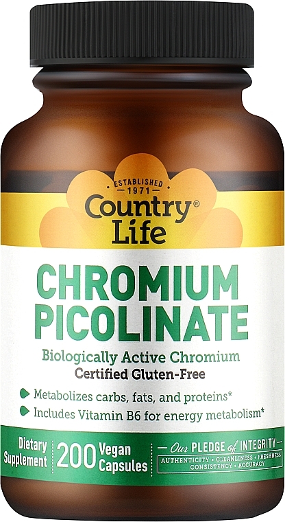 Пищевая добавка "Пиколинат хрома", 200 мкг - Country Life Chromium Picolinate — фото N1
