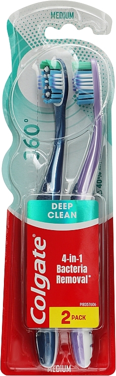 Зубна щітка "Суперчистота всієї ротової порожнини" з очищувачем для язика та щік багатофункціональна 1+1, синя+фіолетова - Colgate 360 — фото N1