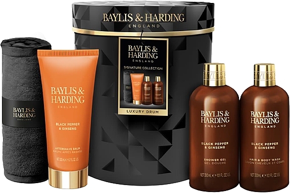 Набор - Baylis & Harding Black Pepper & Ginseng Luxury Pamper Drum Gift Set (hair/body/wash/300ml + sh/gel/300ml + ash/balm/200ml + towel/1pc) — фото N1