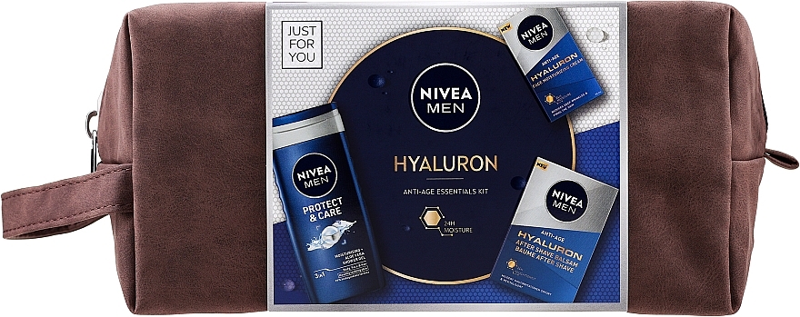 Набор - NIVEA MEN Hyaluronic Anti-Age Essentials Kit (sh/gel/250ml + ash/balm/100ml + cr/50ml + pouch) — фото N1