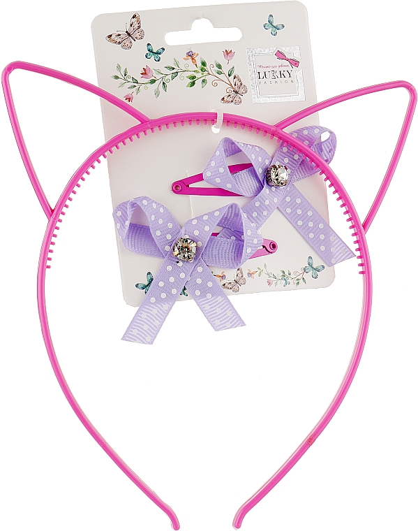 Набор аксессуаров для волос, розовый ободок с ушками + 2 заколки с бантиками - Lukky Fashion — фото N1