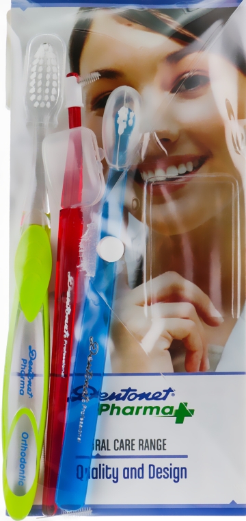 Набір для чищення брекет-систем, салатова + синя щітка - Dentonet Pharma Brace Kit (t/brush/1шт+single/brush/1шт+holder/1шт+d/s/brush/3шт) — фото N1