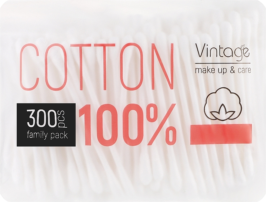 Ватные палочки в полиэтиленовой упаковке, 300шт - Vintage 100% Cotton — фото N1