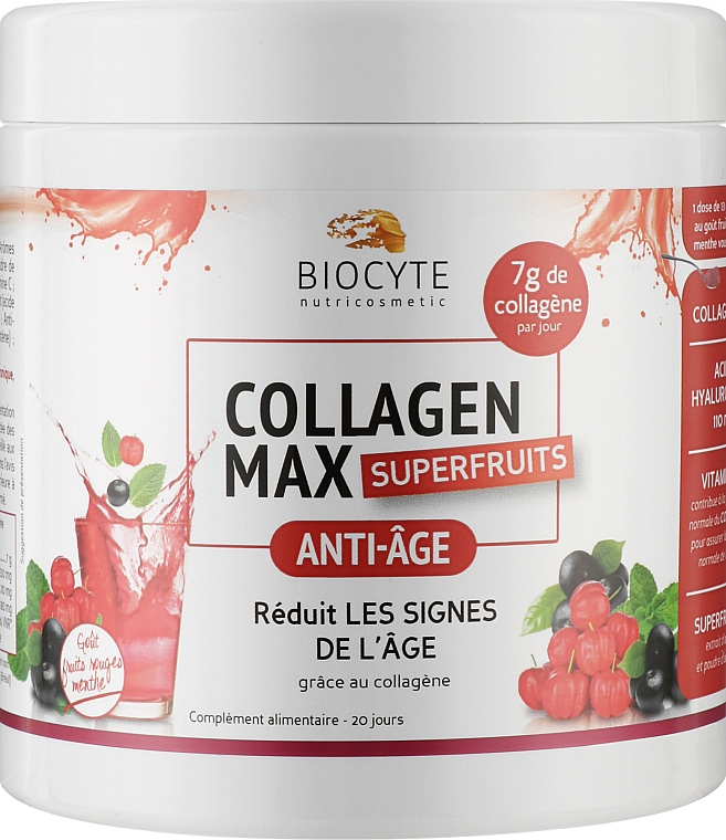 Дієтична добавка Biocytе на основі колагену з вітаміном С та гіалуроновою кислотою у формі розчинного порошку зi смаком фруктів - Biocyte Collagen Max Superfruits