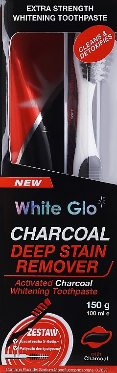 Набір із чорно-білою щіткою - White Glo Charcoal Deep Stain Remover Toothpaste (toothpaste/150ml + toothbrush) — фото N1