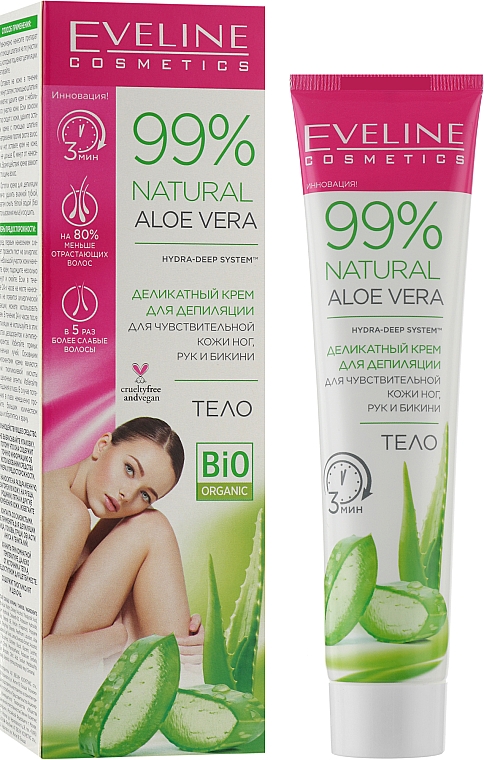 Делікатний крем для депіляції чутливої шкіри ніг, рук і бікіні - Eveline Natural Aloe Vera Depilatory Cream — фото N2