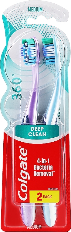 Зубна щітка "Суперчистота всієї ротової порожнини" з очищувачем для язика та щік багатофункціональна 1+1, фіолетова + блакитна - Colgate 360 — фото N1