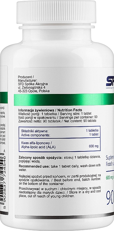 Альфа-липоевая кислота - SFD Nutrition Ala 600 mg — фото N2