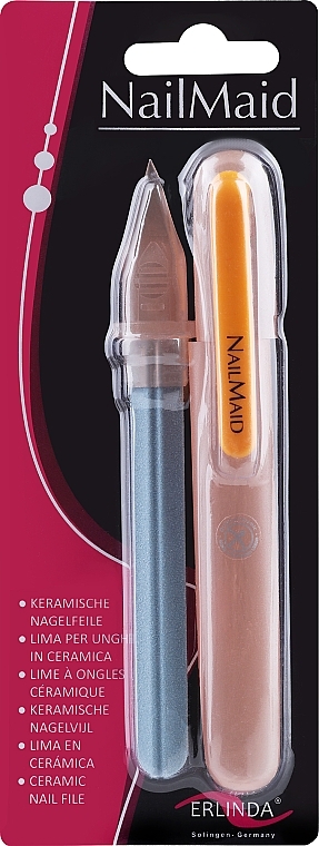 Керамическая пилочка для ногтей в прозрачном кейсе, оранжевая клипса - Erlinda Solingen NailMaid Ceramic Nail File In Transparent Case With Clip  — фото N1