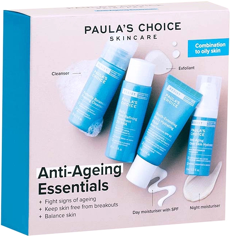 Набор - Paula's Choice Anti-Aging Essentials Combination To Oily Skin Set (f/gel/30ml + f/fluid/15ml + f/tonic/30ml + f/cr/10ml) — фото N1