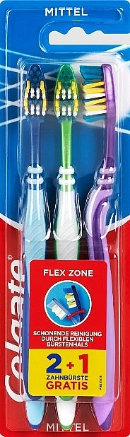 Набор зубных щеток средней жесткости, 3 шт., синяя+зеленая+розовая - Colgate Flex Zone — фото N1