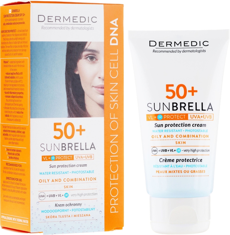 Сонцезахисний крем SPF 50+ для комбінованої, жирної та схильної до акне шкіри шкіри - Dermedic Sunbrella Sun Protection Cream SPF50