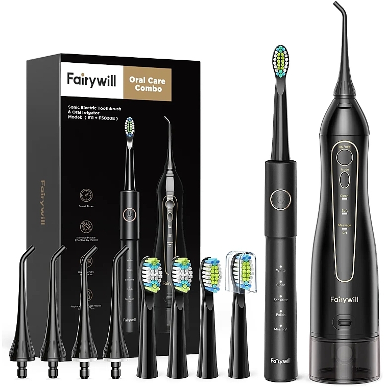 Набор, черный - Fairywill E11 Black + F5020E (elect/toothbrush/1pcs + irrigator/1pcs) — фото N1