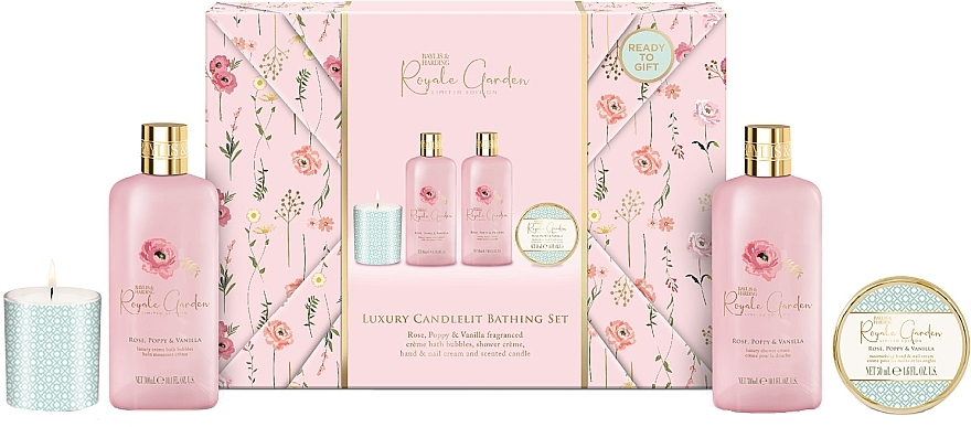 Набір - Baylis & Harding Royale Garden Rose, Poppy & Vanilla Gift Wrapped Candletlit Gift Set (sh/cr/300ml + h/cr/50ml + b/bubble/300ml + candle/60g) — фото N1