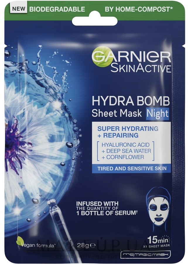Суперзволожуюча нічна тканинна маска для шкіри обличчя з ознаками втоми - Garnier Skin Naturals Hydra Bomb — фото 28g