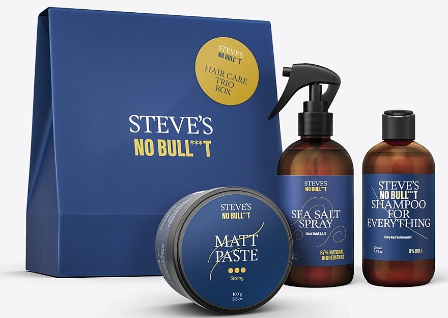 Набір - Steve's No Bull***t Hair Care Trio Box (shmp/250ml + h/spray/250ml + h/paste/100ml) — фото N1