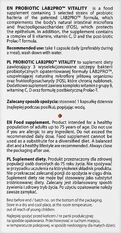 Пищевая добавка пробиотик "Vitality", в капсулах - Allnutrition Probiotic LAB2PRO — фото N3