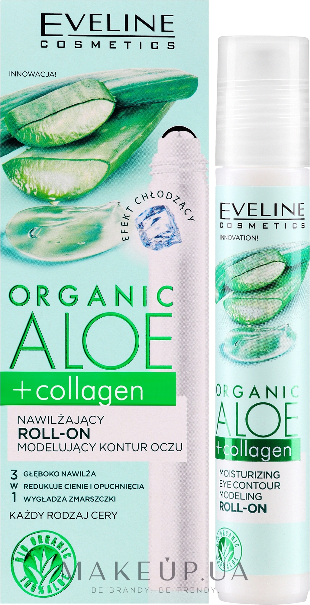 Зволожувальний роликовий гель-ліфтинг для контуру очей - Eveline Cosmetics Organic Aloe + Collagen — фото 15ml