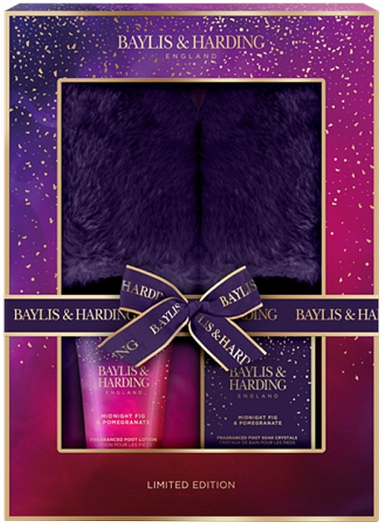 Набор - Baylis & Harding Midnight Fig & Pomegranate Luxury Slipper Gift Set (foot/lot/140ml + bath/salt/100g + slipp/1pair) — фото N1
