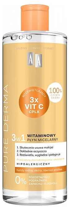 Вітамінна міцелярна вода для обличчя 3 в 1 - AA Cosmetics Pure Derma — фото N1