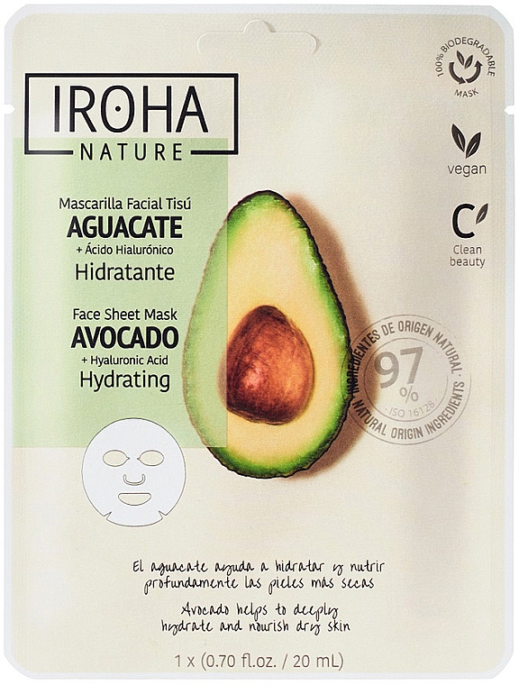 Тканинна маска для обличчя - Iroha Nature Avocado + Hyaluronic Acid Face Sheet Mask — фото N1
