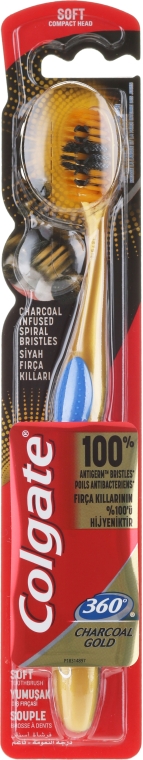 Зубная щетка, мягкая, золотая с голубым - Colgate 360 Charcoal Gold Soft Toothbrush — фото N1