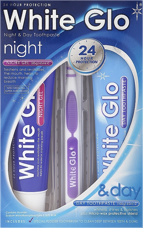 Набор с фиолетовой зубной щеткой - White Glo Night & Day Toothpaste (t/paste/65ml + t/gel/65ml + toothbrush) — фото N1