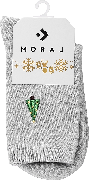 Шкарпетки жіночі довгі з різдвяною вишивкою, сірі з ялинкою - Moraj — фото N1