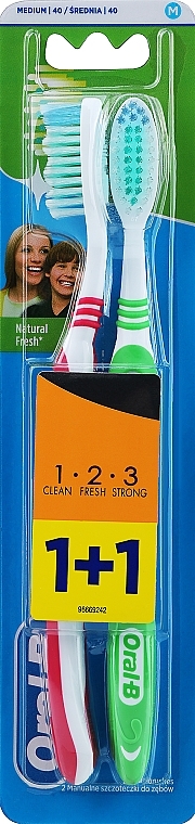 Набор зубных щеток (средняя, розовая + зеленая) - Oral-B 1 2 3 Natural Fresh 40 Medium 1 + 1 — фото N1