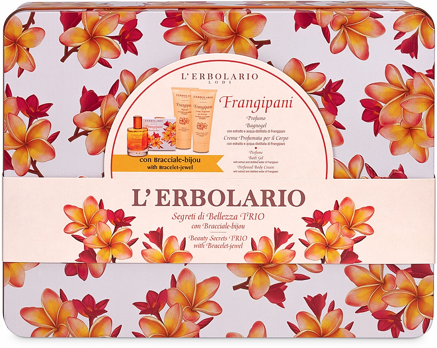 L’Erbolario Frangipani - Набор (perfume/50ml + sh/gel/100ml + b/cr/100ml + acess/1pcs) — фото N1
