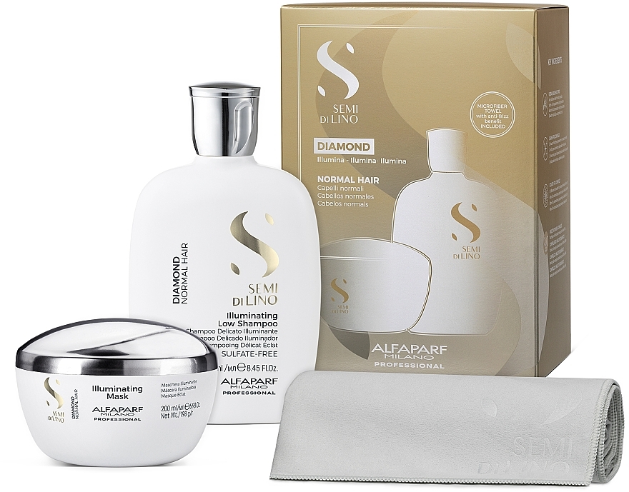 Набор - AlfaParf Semi Di Lino Diamond Illuminating (shmp/250ml + h/mask/200ml + towel) — фото N1